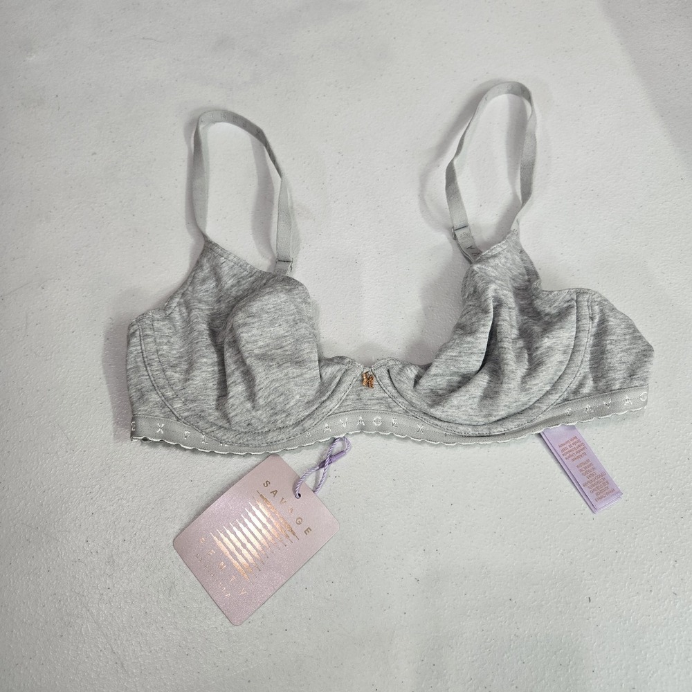 Savage X Fenty Women Bra 32B Gray Bralette Wireless Logo Bow‎ Unlined Strap NWT